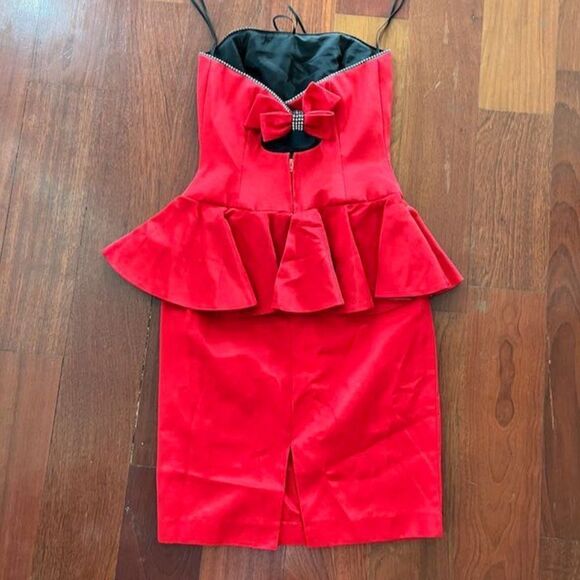 AJ Bari Vintage Red Strapless Dress Peplum w/ Bling Bow Made in USA Size 4 - Picture 13 of 14